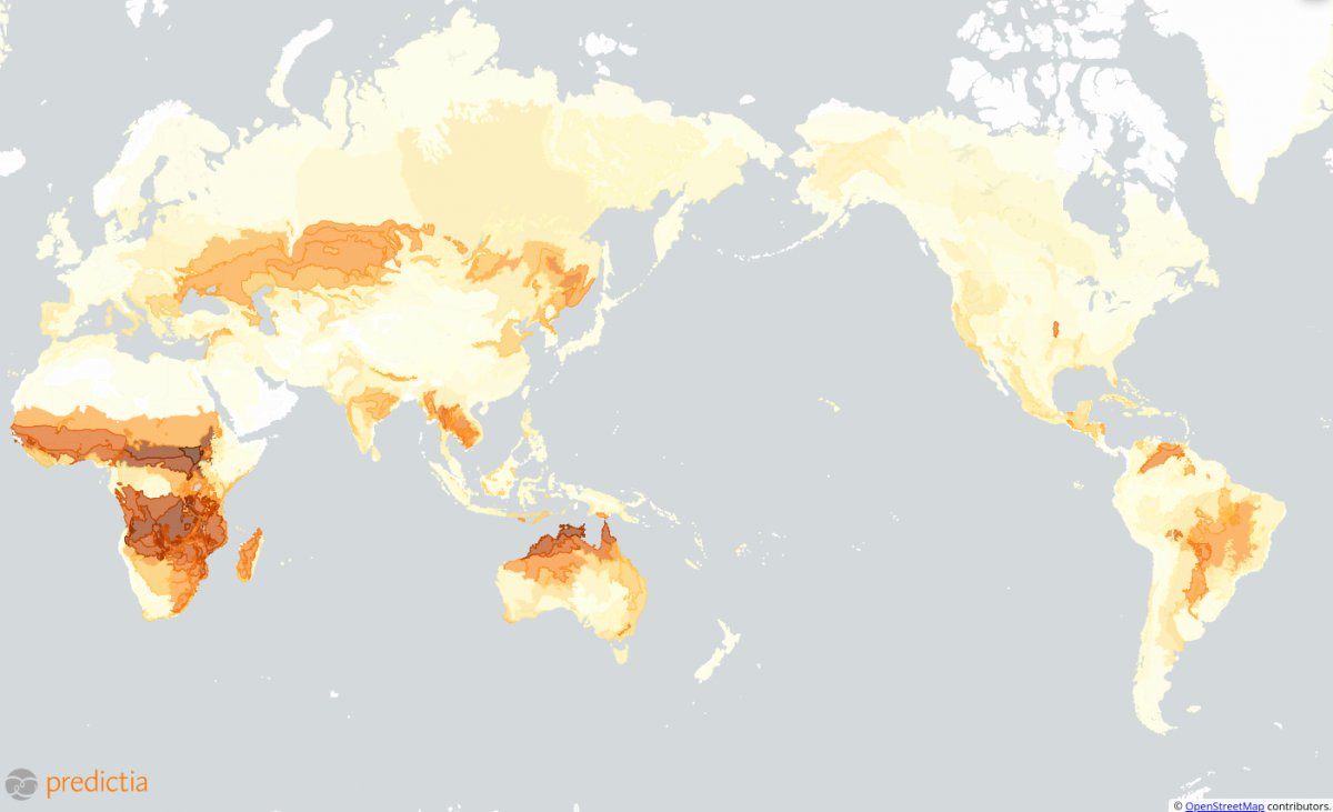 Mapamundi mostrando con escala de colores aquellas superficies donde se ha quemado una mayor superficie de media entre los años 2001 y 2020