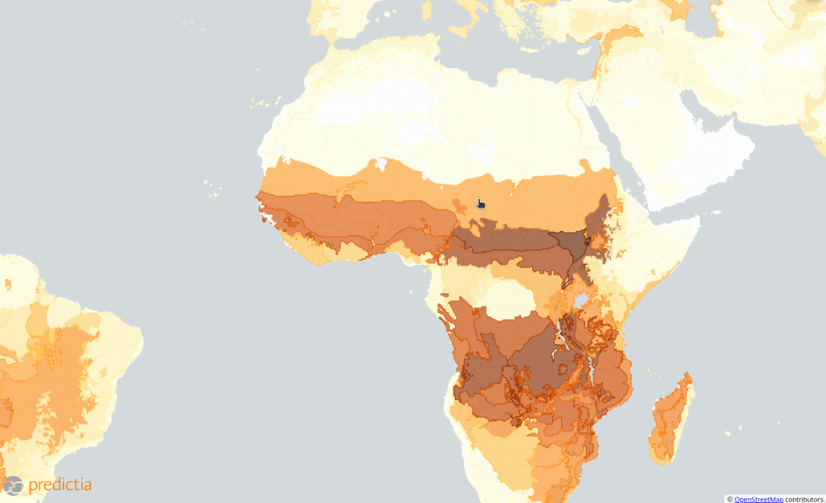 Detalle de la región subsaharaia de África, con el puntero situado sobre el Sahel