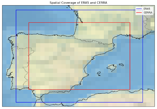 Image of the ERA5 and CERRA spatial coverage over the Iberian Peninsula